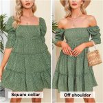 EXLURA Women's Tie Back Square Neck Dresses Puff Elbow Sleeve Off Shoulder Tiered Ruffle Floral Backless Mini Dress - Image 2